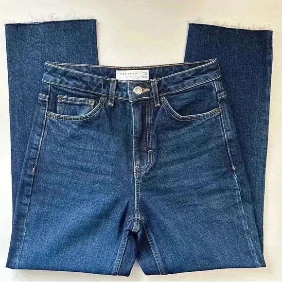 Topshop Straight Leg Jeans High Rise Ankle Crop Dark Blue Denim Size 26 - Picture 15 of 15